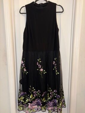 SLNY Black Floral Embroidered Tulle Dress